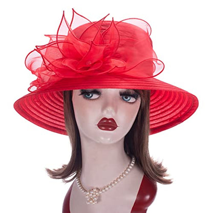 Womens Wedding Occasion Floral Wide Brim Church Dressy Sun Hat A323 - color: Red