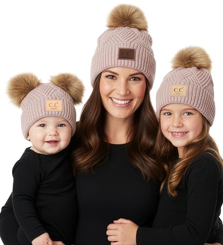 Funky Junque Mommy & Me Double Pom Beanies 3-Pack Matching Winter Hats for Mom, Toddler & Infant Girls, Cozy Knit Family Set - color: Adult/Toddler (Single Pom)/Infant (Double Pom) - Diagonal Stripes - Rose (3 Pack)