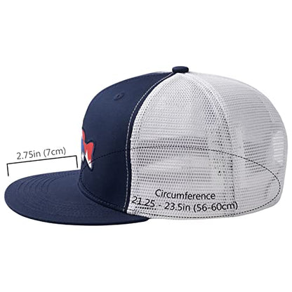 BASSDASH Flat Brim Trucker Cap Adjustable Snapback Hat Mesh Back for Men Women - color: Collegiate Navy/Bass