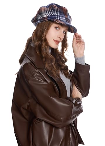 ZLYC Women Classic Newsboy Cap Visor 8 Panel Gatsby Cabbie Paperboy Hat - color: Plaid Royal Blue and Khaki