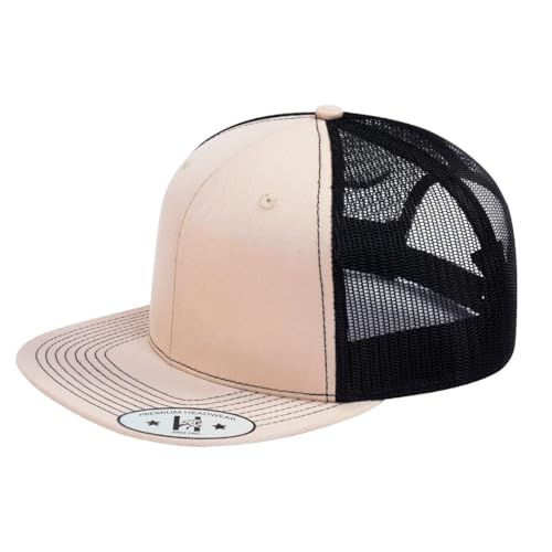 DT-118 Blank 6-Panel Flat-Bill Snapback Trucker Hat - color: Beige and Black T6f-betc-b