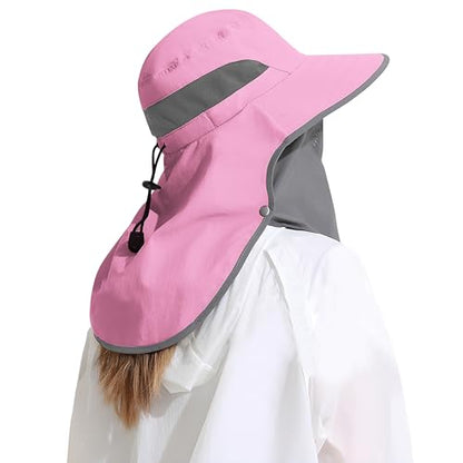 Outdoor Sun Hat Detachable Neck Face Flap UPF 50+UV Protection Visor Fishing Hats with Neck Flap for Men & Women - color: Pink