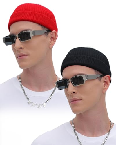 ROYBENS Thin Swag Wool Short Fisherman Beanie for Men Women Knit Winter Hat - color: 2pcs-black+red