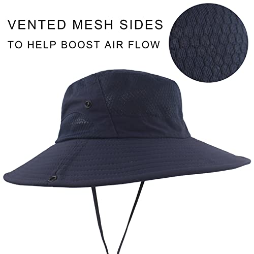 Muryobao Women Ponytail Sun Hat Summer UV Protection Cap Outdoor Foldable Mesh Wide Brim Bucket Hats for Beach Fishing Garden - color: Navy Blue