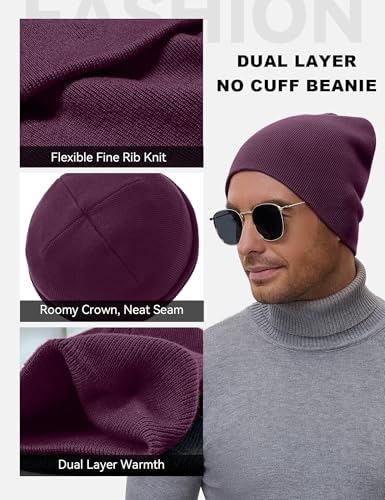 ROYBENS 100% Cotton No Cuff Beanie Hat Men Women, Fisherman Skull Cap - color: Purple