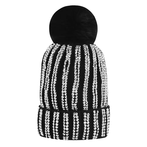 Women Sparkly Sequins Knitted Beanie Hat Warm Winter Skull Cap with Faux Fur Pom Pom - color: Black Rhinestone