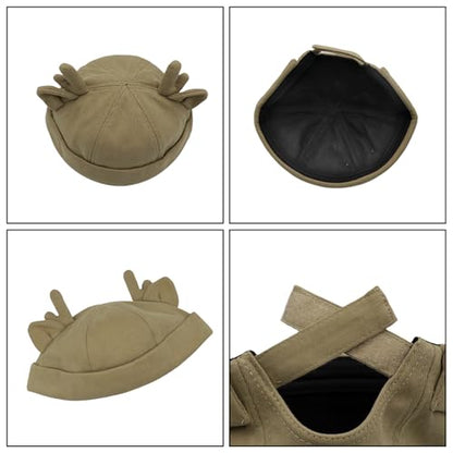 Beanie Hats for Women Men Brimless Skullcap Docker Cap with Reindeer Antlers Rolled Cuff Retro Adjustable Sailor Cap - color: Khaki