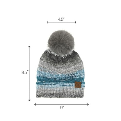 C.C Multi Color Space Dye Wool Stretchable Soft Warm Pom Beanie with Faux Fur Pom Knit Winter Skully Hat. - color: Grey Combo