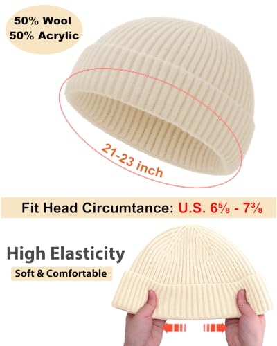 Short Fisherman Beanie for Men Women Wool Knit Cuff Winter Hats - color: 1pcs-beige