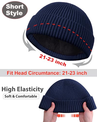 Short Fisherman Beanie for Men Women Wool Fleece Lined Winter Hat - color: 1pcs-navy Blue