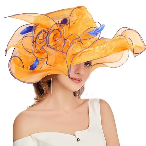 Women Oganza Sun Hat Church Wide Brim Wedding Formal Fascinator Hat - color: Orange