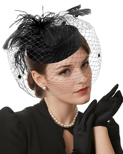 Pillbox Hat with Veil Vintage Fascinators for Women Tea Party Bridal Wedding Halloween First Communion Hats - color: A-black With Feathers
