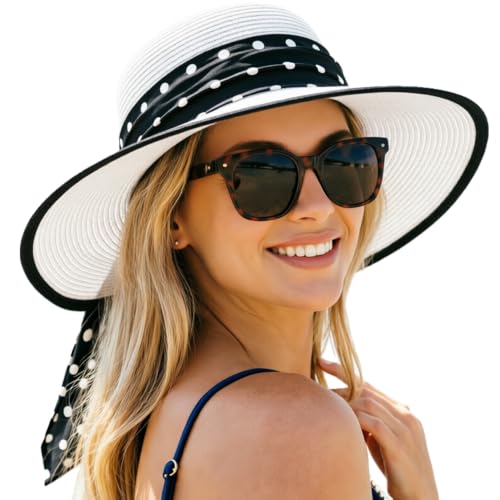 DRESHOW Sun Hats for Women Travel Fedora Foldable Beach Sun Hat Summer Wide Brim Straw Bucket Hat with Bowknot UPF 50+ - color: 1 Pack Bowknot Straw Hat: White (Black Polka Dot Band)