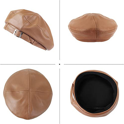 Women Buckle Spring Fall Winter Faux Leather Beret Classic British Style Hat - color: Yellow