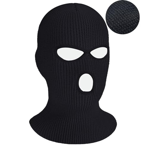 3 Hole Winter Mask, Full Face Cover Ski Mask, Thermal Winter Warm Knit Beanie Balaclava for Men, Black, One Size