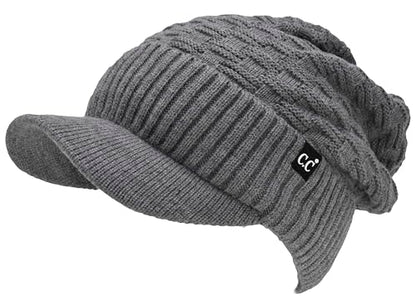 C.C Fuzzy Fleece Lined Warm Oversized Chunky Soft Stretchy Oversized Two Way Ribbed Slouchy Knit Hat with Visor Brim - color: Light Melange Grey