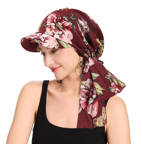 ZLYC Chemo Headwear for Women Brim Visor Head Scarf Pre Tied Headwraps Lightweight Skull Cap - color: Bound Floral Burgundy