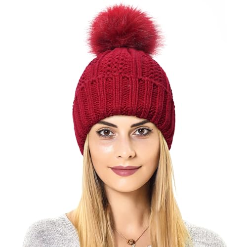 Womens Winter Beanie Hat, Satin Lined Women Hat Faux Fur Pom Pom Beanies Women Warm Knit Hats Warm Cap - color: Red