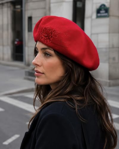 Women's Floral Knit Beret Hat, French Style Winter Cap with Rhinestones - color: Red
