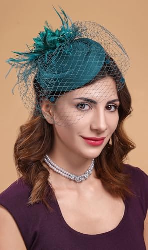 Fascinators Hats for Women Pillbox Hat 20s 30s 50s Vintage Feather Headwear Bowler Flower Veil Wedding Tea Party Hat - color: X-green