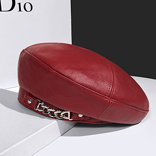 Women's PU Leather French Artist Beret Cap - color: Red