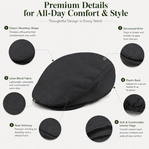 Bienzoe Boys Newsboy Flat Hat: Classic Linen Cap Lightweight - color: Black, size: 6-7 Years