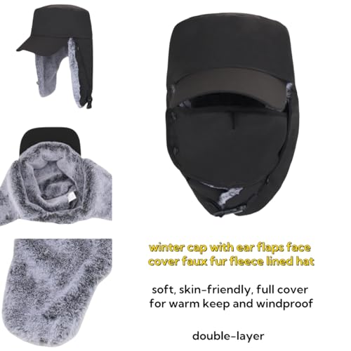 Trapper Hat Warm Faux Fur Winter Cap with Ear Flaps Windproof Waterproof Snow Ski Hats for Men Women Cold Weather - color: Black