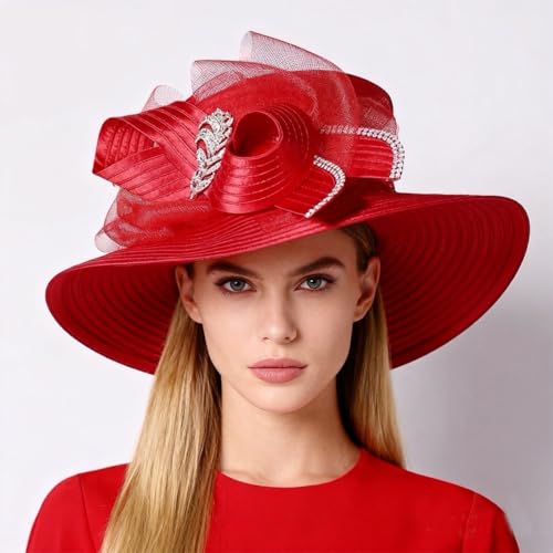 Wedding Bridal Church Party Derby Hats for Women Bow Formal Bowler Hat Wide Brim Fascinator Flat Top Fedora Hats - color: Red