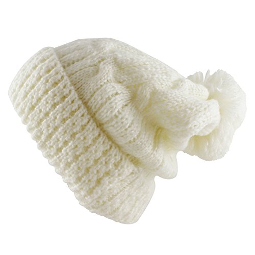 Morehats Thick Crochet Knit Pom Pom Beanie Winter Ski Hat - color: Off-white