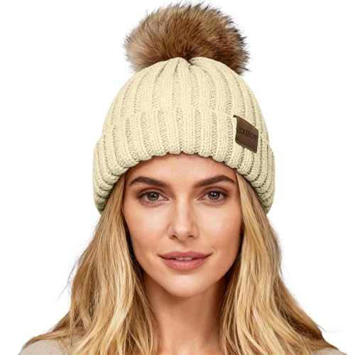 ZOORON Womens Winter Knitted Beanie Hat with Faux Fur Pom Beanie Warm Knit Skull Cap Beanie for Women - color: 1beige