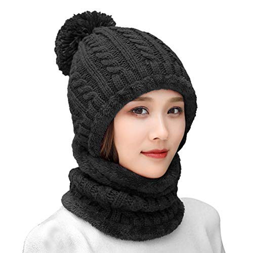 HUAMULAN Women Winter Knit Beanie Hats One Piece Fleece Lined Balaclavas - color: Black