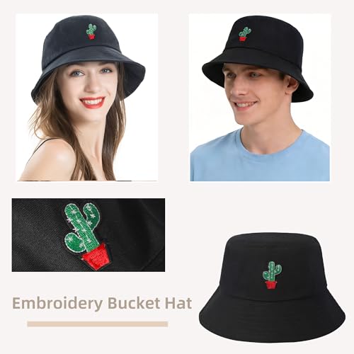 ZLYC Cotton Bucket Hat for Women Men Embroidered Packable Summer Sun Cap - color: Cactus Black