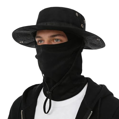 Boonie Hat with Balaclava Face Mask - UV Protection Wide Brim Sun Hat, Adjustable & Foldable for Hunting Fishing Outdoor - color: Black