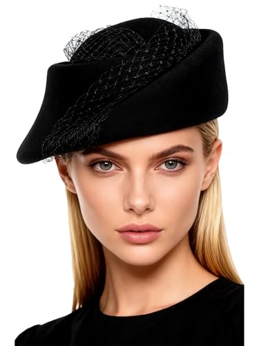 Small Top Hats for Women Elegant Winter Vintage Beret Wool Felt Fedoras Ladies Luxury Wedding and Church Cap Female - color: Black