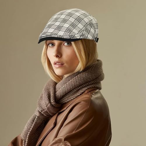 DIYDECAL Plaid Newsboy Hats Retro Flat Cap Gatsby Cabbie Driving Hat for Mens Womens - color: Beige