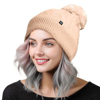DALIX Cable Knit Pom Beanie Soft Stretch Skully Warm Fuzzy Faux Sherpa Winter Ski Beanie - color: Peach