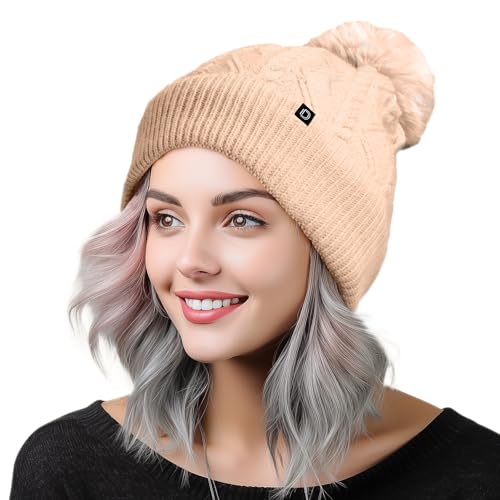 DALIX Cable Knit Pom Beanie Soft Stretch Skully Warm Fuzzy Faux Sherpa Winter Ski Beanie - color: Peach