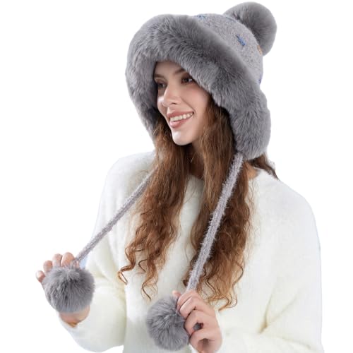 Women Winter Sherpa Beanie Hats Knit Ear Flap Hat Fleece Lined - color: Gray With 3 Pompoms