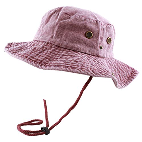 The Hat Depot Cotton Stone-Washed Safari Wide Brim Foldable Double-Sided Sun Boonie Bucket Hat - color: 3. Pigment - Burgundy, size: Small-Medium