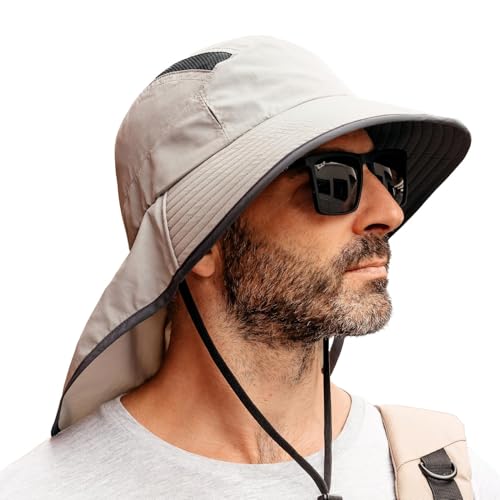 TOP-EX Wide Brim Sun Hat for Men Women with Neck Flap & Sunglass Lock - color: Light Grey, size: Large-X-Large