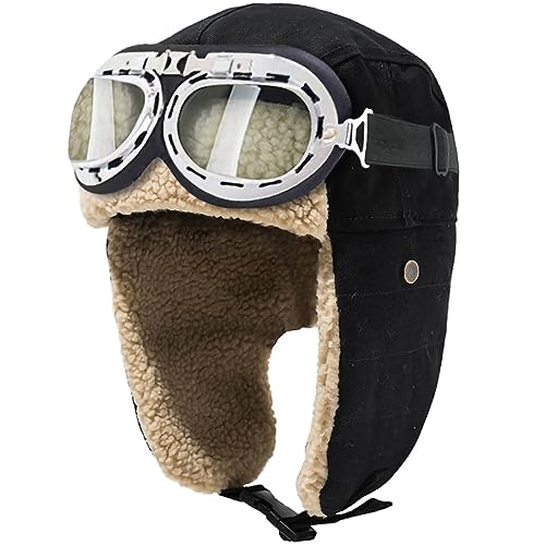 Peicees Aviator Hat and Goggles Pilot Costume Set for Adult Men and Women - style: Black Hat+white Frame/Clear Lens