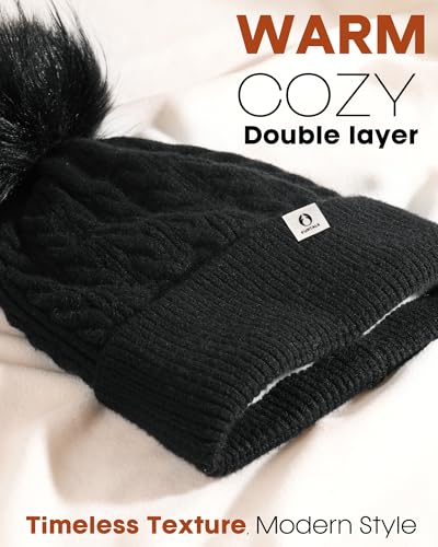 FURTALK Winter Hats for Women Fleece Lined Pom Pom Beanie Warm Knit Cap - color: Black
