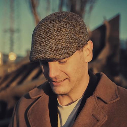 Sterkowski Ivy Five | Harris Tweed Flat Cap for Men and Women | Classic Elegant Warm 5 Panels Ivy - color: Brown/Blue Check, size: 7 1/4