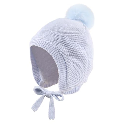 JANGANNSA Basic Winter Baby Boy Beanie Pompom Knit Girl Hat Kid Earflap Cap - color: Skyblue Hat, size: 6-24 Months