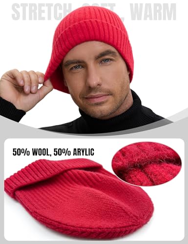 vidsel 50% Wool Double Cuff Beanie Hat for Men Women, Warm Winter Knit Cap - color: Red