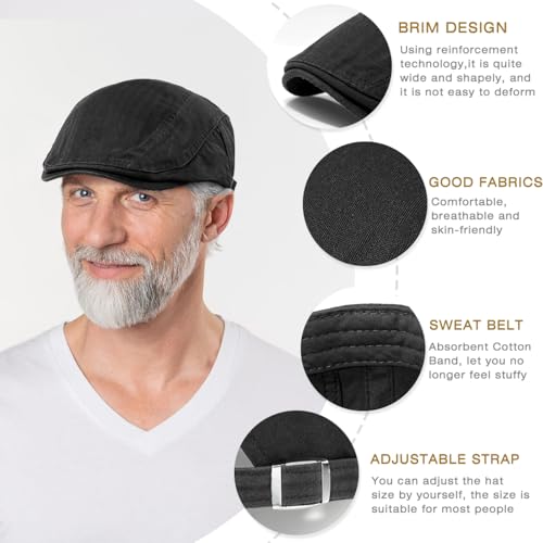 Newsboy Hats for Men Flat Cap Cotton Adjustable Breathable Irish Cabbie Ivy Driving Hunting Hat - color: Black