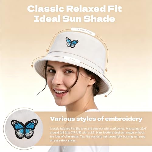ZLYC Cotton Bucket Hat for Women Men Embroidered Packable Summer Sun Cap - color: Butterfly Beige