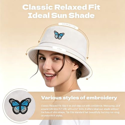 ZLYC Cotton Bucket Hat for Women Men Embroidered Packable Summer Sun Cap - color: Butterfly Beige
