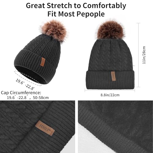 Winter Hat Scarf Gloves Set for Women, Classic Cable Beanie with Removable Pom Pom Long Scarf Touchscreen Gloves 3 in 1 Set - color: Black