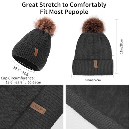 Winter Hat Scarf Gloves Set for Women, Classic Cable Beanie with Removable Pom Pom Long Scarf Touchscreen Gloves 3 in 1 Set - color: Black